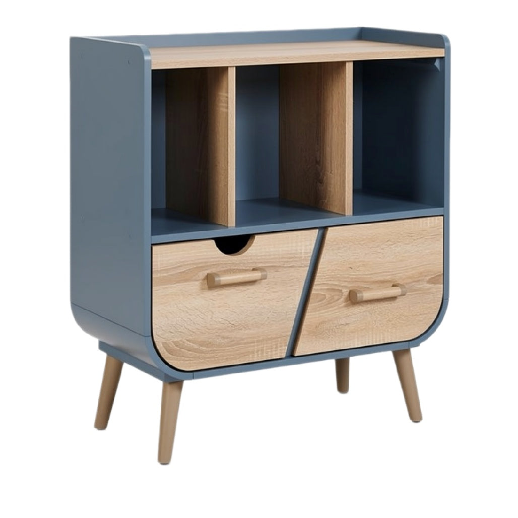 Moderne nachtkast met opbergruimte in blauw en houtkleur.