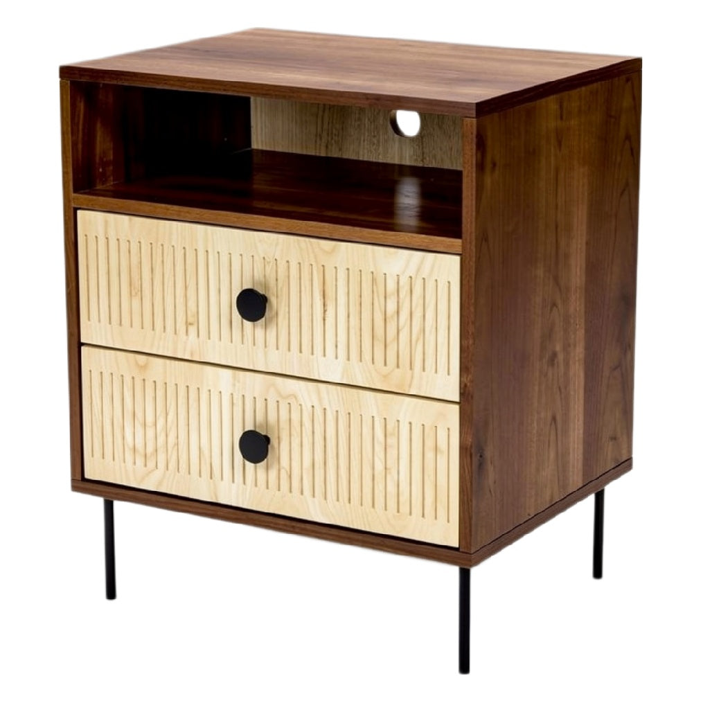 **Moderne Nachtkast met Houten Lades en Open Opbergvak**
